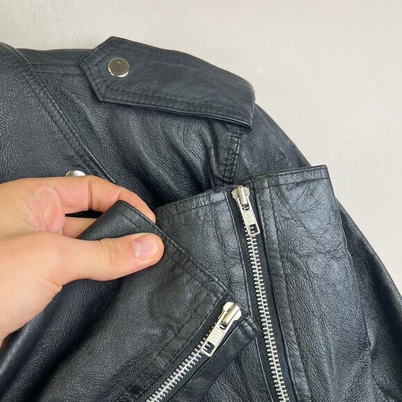 Vintage 90s Wilson’s Cropped Black Leather Moto Biker Motorcycle Jacket Size M - Picture 5 of 7